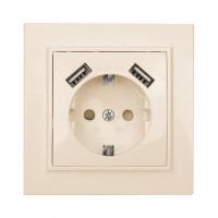 Розетка 1-м СП Минск 16А защ. шторки с заземл. с 2 USB 2.1А беж. EKF ERR16-028-200-2USB